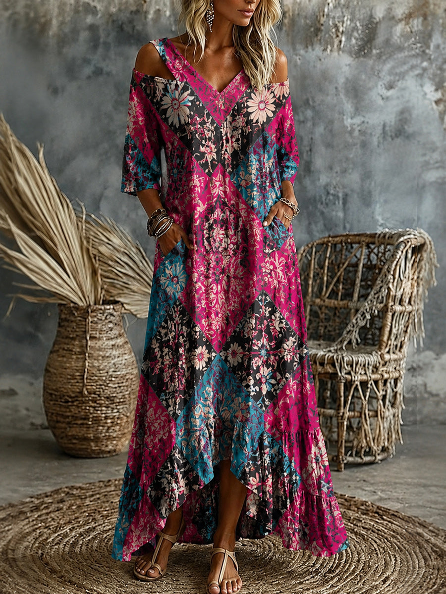 Women's Retro Art Print Washed Cotton V-Neck Maxi Dress